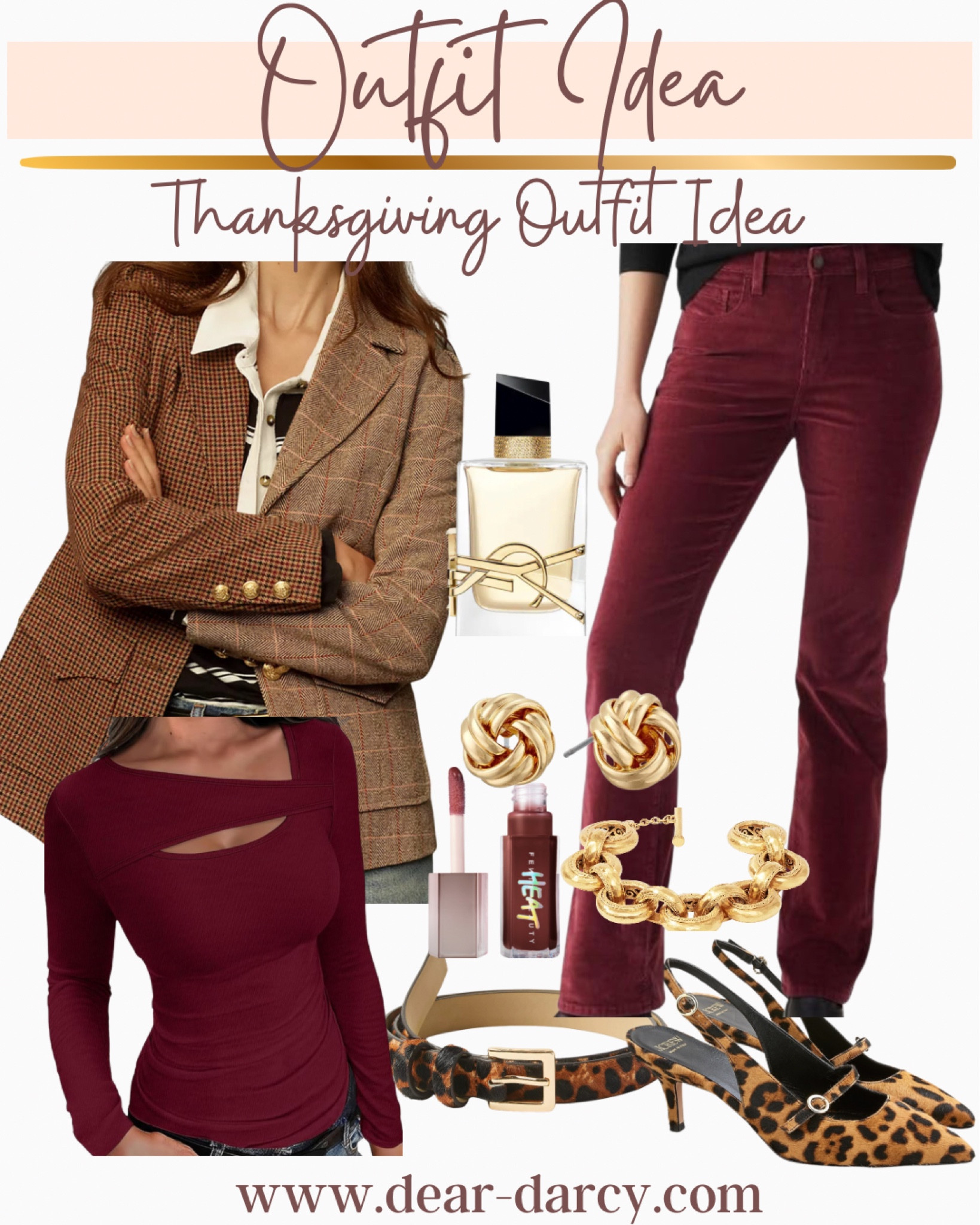 Outfit inspiration 
Thanksgiving or workwear

Burgundy Levi jeans affordable Amazon find fits tts 

Burgundy cut out detail top Amazon find tts

Plaid brown blazer 

Leopard heels tts so comfortable 

Julie cos gold chunky bracelet 

Amazon find knot stud earrings 

Leopard belt I wear on repeat so good by crew tts

Tell perfume

Fenty beauty  heat lip plumper great color and plumper

#LTKWorkwear #LTKStyleTip #LTKBeauty