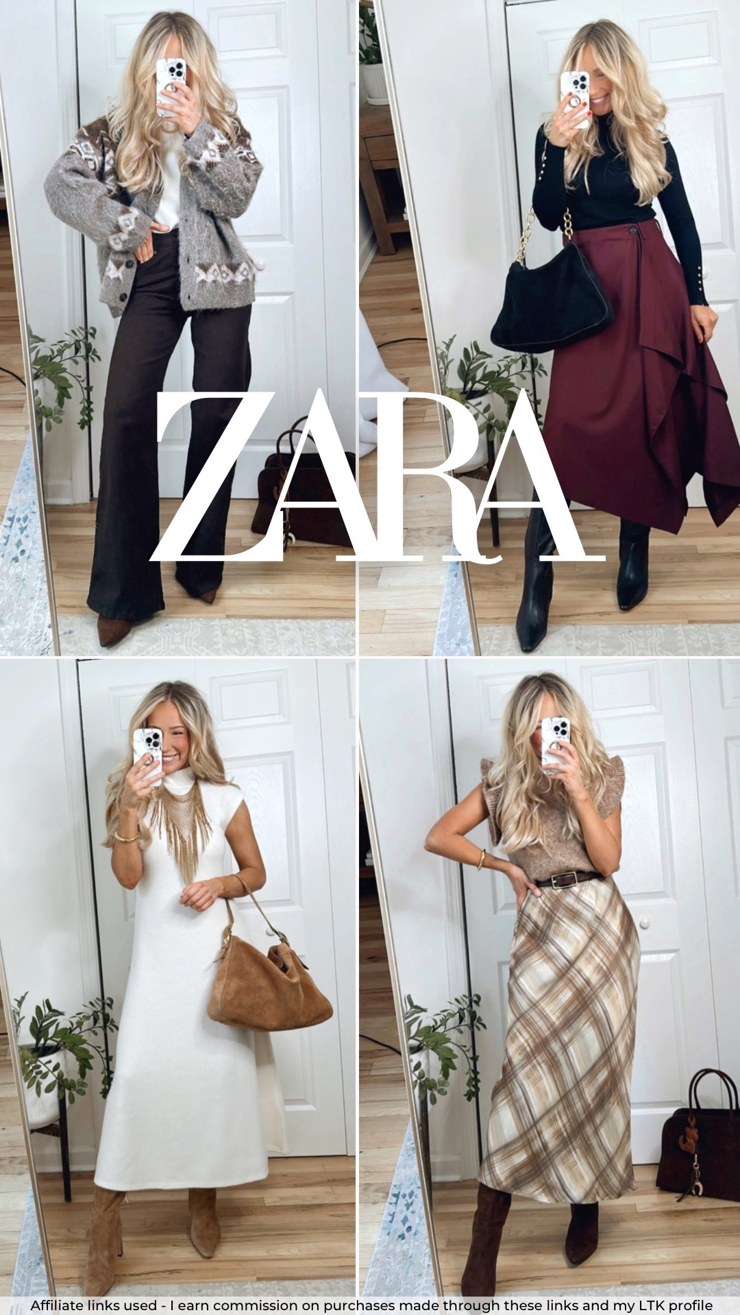 Zara fall outfits 🍂 Sizing info ⬇️:
-Brushed jacquard cardigan: medium
-Dark brown wide leg jeans: size 6
-Black turtleneck: medium
-Burgundy midi skirt: medium
-Winter white midi dress: medium
-Camel ruffle sleeve sweater: medium
-Plaid slip skirt: medium 