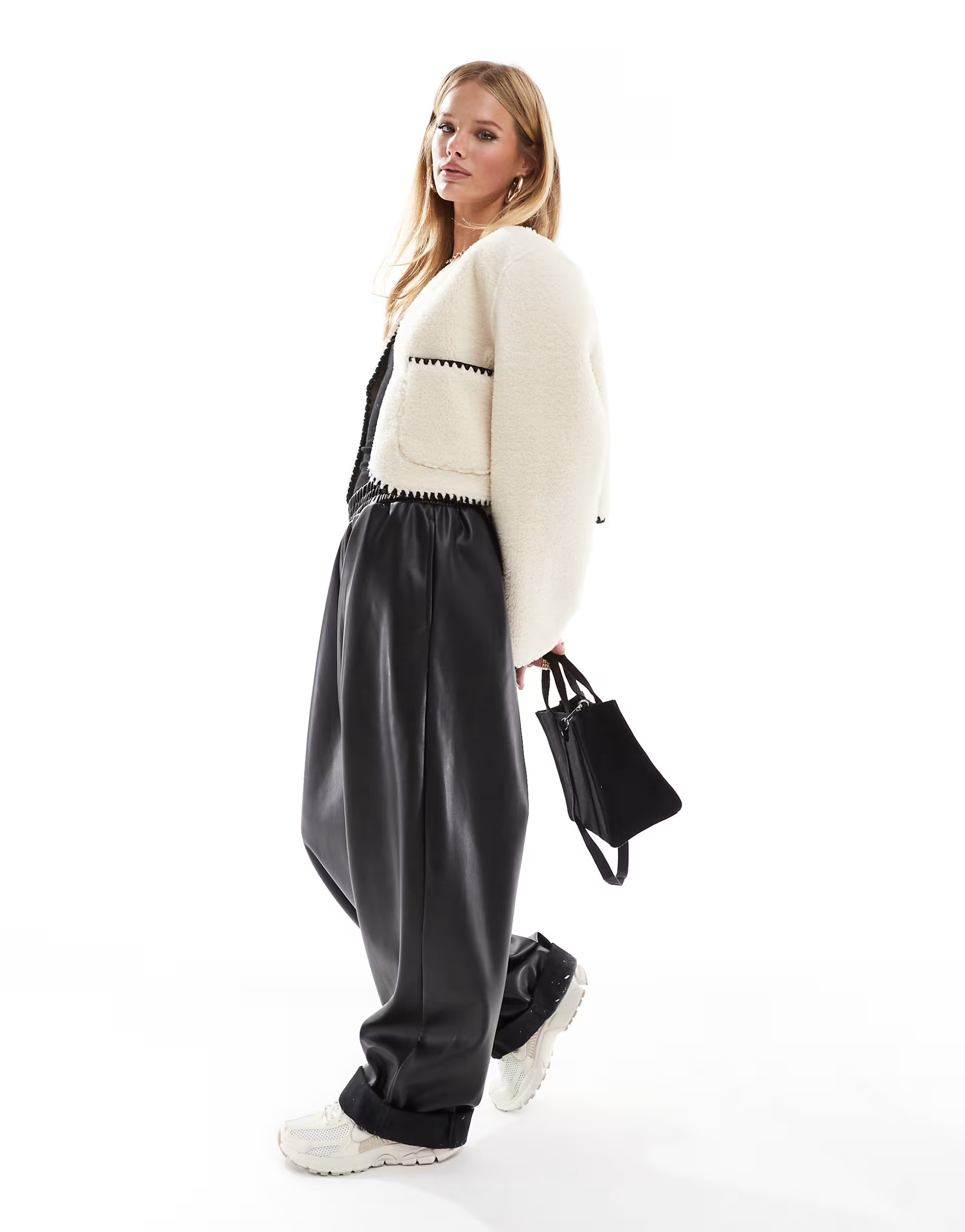 ASOS DESIGN bonded borg collarless jacket with contrast stitch in cream | ASOS (Global)