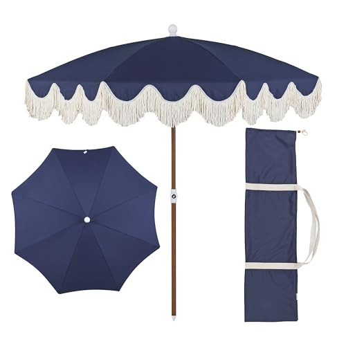 JONATHAN Y UMB1005I Mariner 6.5 ft. Classic Cottage Fringe Tassel Market Beach Umbrella with Push Button Tilt, Wind Vent and UV Protection, and Matching Carry Bag in Navy/Cream, Brown Pole | Amazon (US)