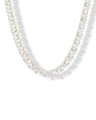 PAVOI 14K Yellow Gold Plated Simulated Diamond Tennis Necklace for Women - Classic Tennis Chain - Timeless Pear Cubic Zirconia Stones Choker Necklace - Size 18" | Amazon (US)
