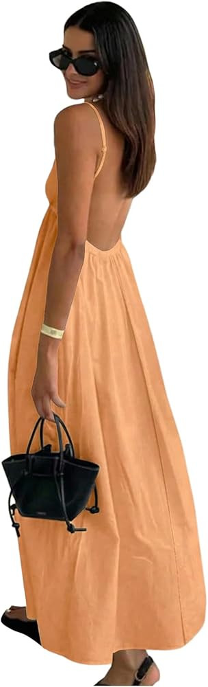 SOLY HUX Women's Summer Dress Backless V Neck Spaghetti Strap Loose Flowy Midi Cami Dresses | Amazon (US)