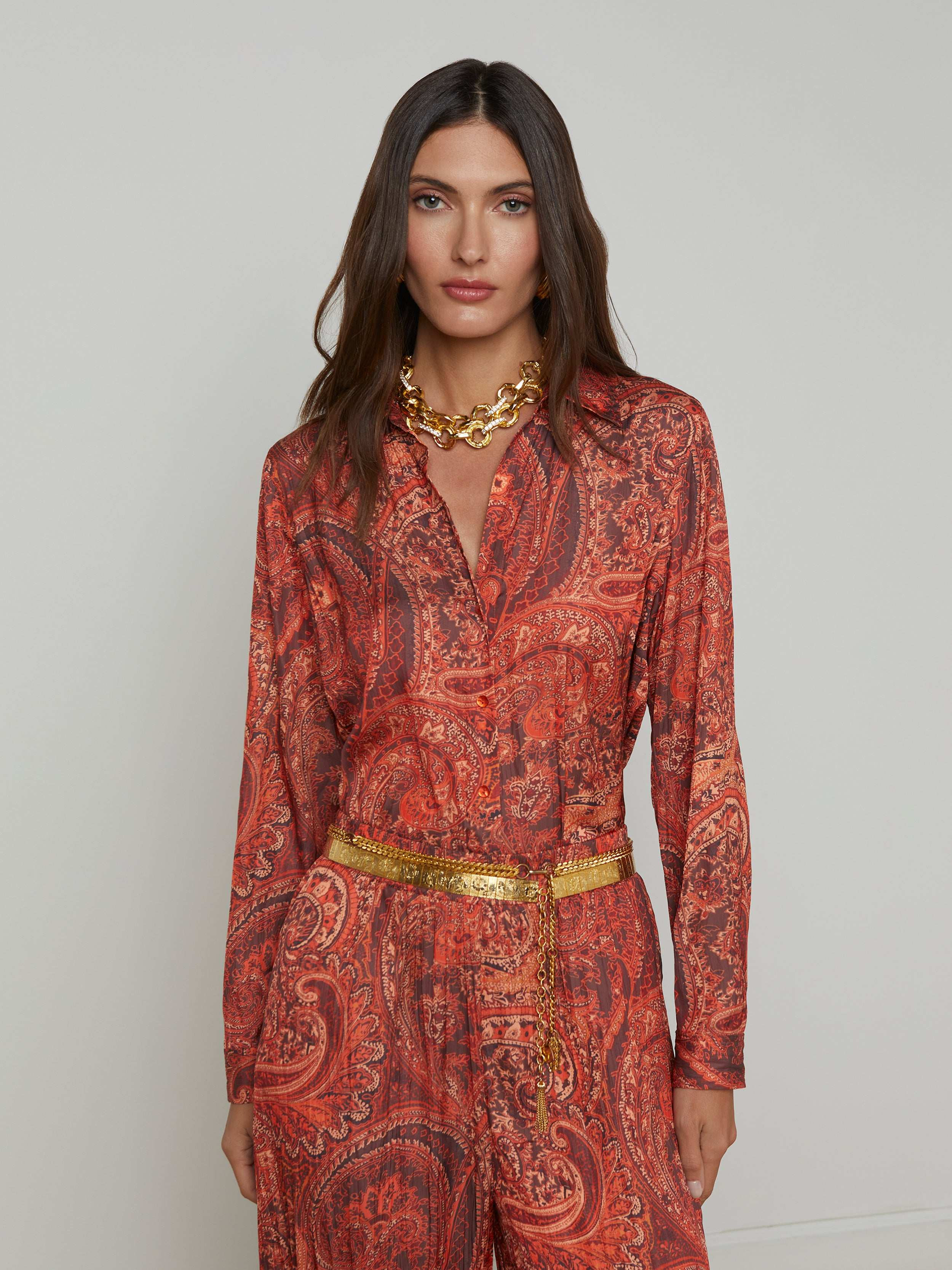 L'AGENCE - Argo Satin Blouse in Rust Multi Boute Paisley | L'Agence