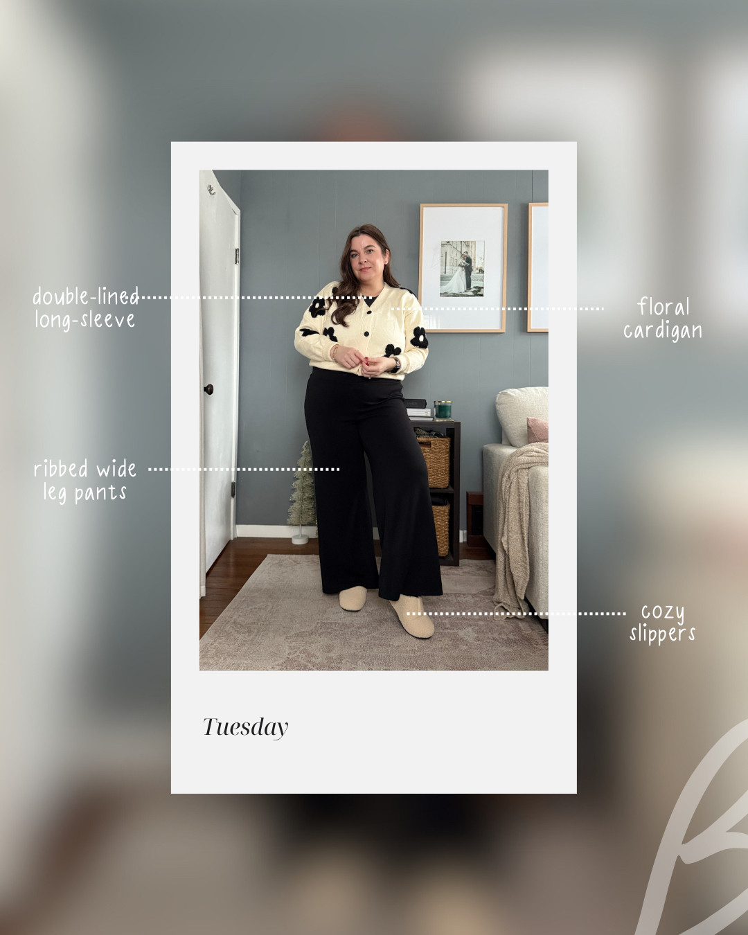 Today’s WFH look is a mix of soft textures and minimalist neutrals: an ivory floral cardigan, a black mock neck double-lined top, and ribbed wide-leg pants. This combo looks elevated on camera but feels like loungewear IRL. I finished it with Kate Spade pearls, my Apple Watch resin band, and Bombas slippers for maximum comfort at my desk.
Fit Notes:
• Cardigan: wearing size XL (slouchy + boxy fit)
• Top: wearing sizeL (double-lined, smoothing)
• Pants: wearing size XL (relaxed fit, elastic waist) 

 

#LTKootd #LTKMidsize #LTKWorkwear