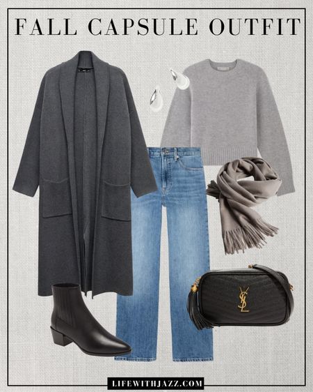 Fall capsule outfit inspo / cool tones 

- fall capsule / outfit / casual / coatigan / cashmere sweater / wide leg jeans / booties / jewelry / scarf / purse / mango / everlane / Madewell 

#LTKSeasonal #LTKtravel #LTKstyletip