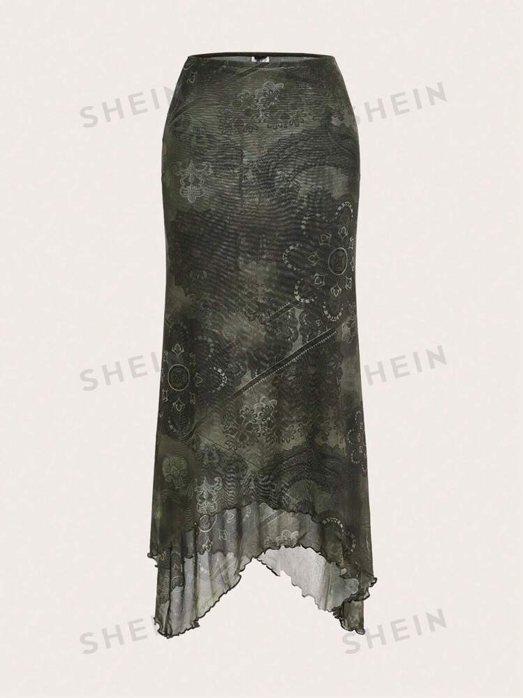 SHEIN EZwear Floral Print Lettuce Trim Mermaid Hem Skirt | SHEIN