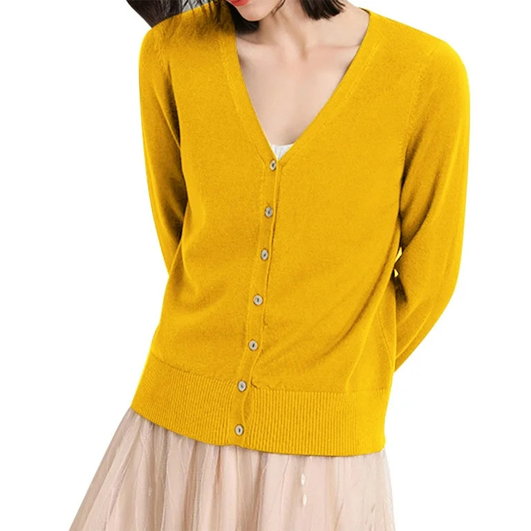 V Neck Women's Classic Button Down Long Sleeve V Neck Soft Knit Sweater Cardigan Sweaters For Wom... | Walmart (US)