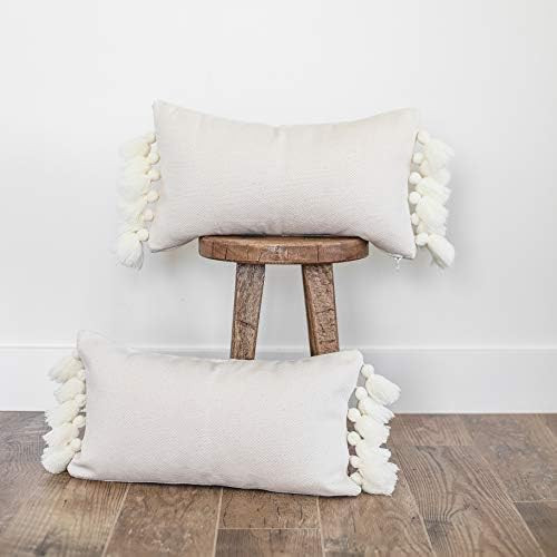 Woven Nook Decorative Cream Lumbar Pillow Cover, Cotton, Pom Pom Style, 12" x 20" (Set of 2) | Amazon (US)