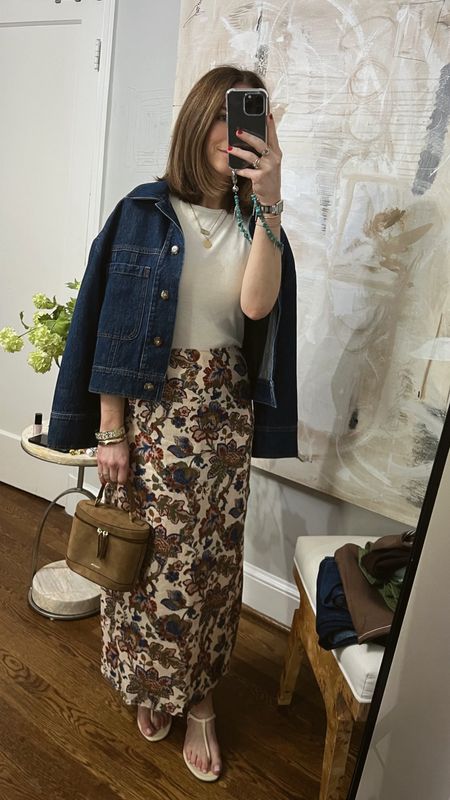Shop RLT tshirt
Sezane Jean jacket (old) 
SIR linen midi skirt (last year — linked current similar styles)
Paris 64 suede bag
Reformation nude tstrap sandals 
Ossa New York Phone chain

Spring outfit inspo
Spring style 
Winery day outfit 
Wine tasting outfit 

#LTKStyleTip