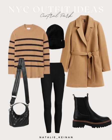 NYC outfit ideas! Central Park outfit idea. Camel striped sweater. Leggings. Black beanie. Chelsea boots. Crossbody bag. Wool coat. 

#LTKSeasonal #LTKstyletip #LTKCyberweek