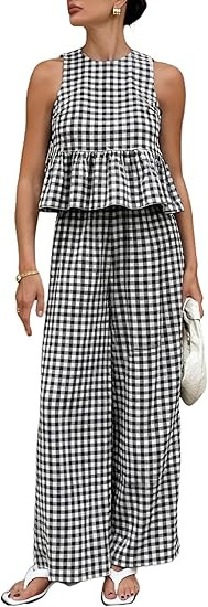Womens 2 Piece Outfits Sets Gingham Plaid Sleeveless Ruffle Tank Tops and Wide Leg Pants Summer M... | Amazon (US)