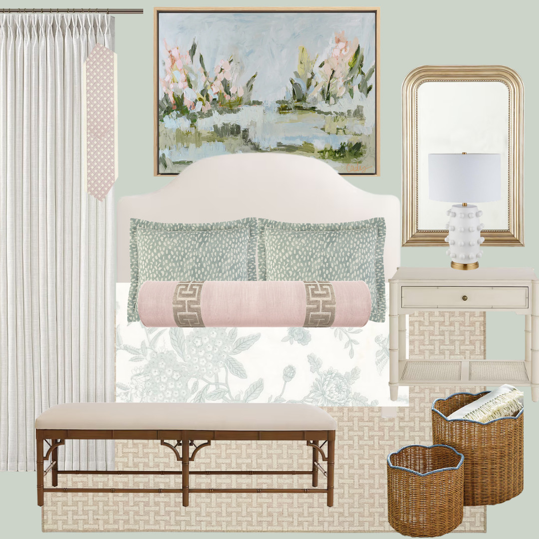 Soft sage, sweet florals, and timeless touches 🌿✨ Creating a cozy grandmillennial bedroom moment with layered patterns, classic wicker, and a hint of blush. From the scalloped headboard and chinoiserie-inspired bedding to the bamboo bench and bold lamp, every piece brings that collected-over-time charm we love. Perfect for a fresh yet traditional space that feels both elegant and inviting 💗

Shop the look on my LTK for sources and similar finds! 

 #LTKHome #GrandmillennialStyle #TraditionalHome #CozyBedroom #ClassicHomeStyle #LTKSeasonal #LTKHome