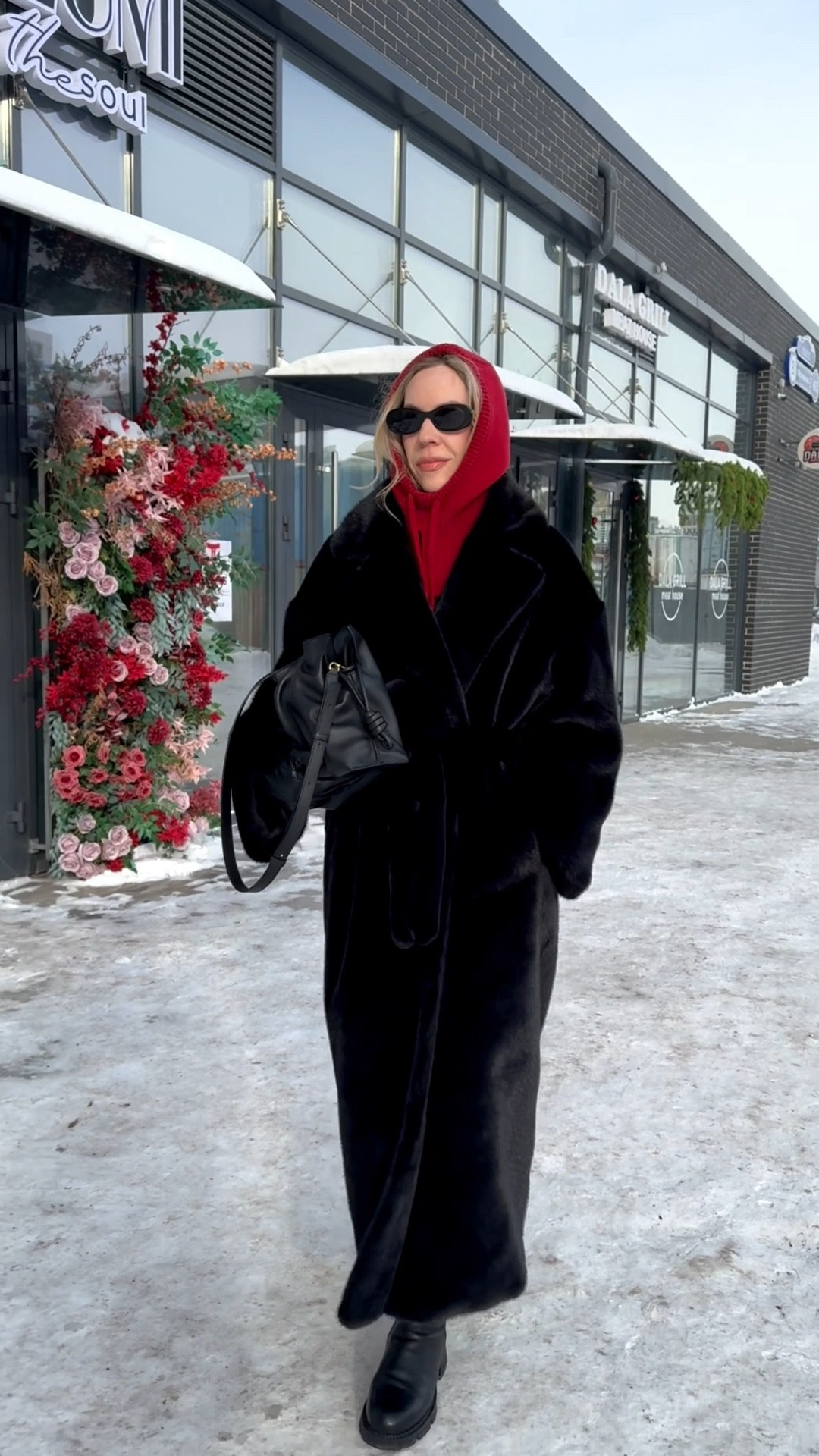 Black faux fur coat, shearling coat, red balaclava scarf, all black winter outfit, lug sole riding boots, Loewe pouch handbag 

#LTKOver40 #LTKSaleAlert #LTKSeasonal