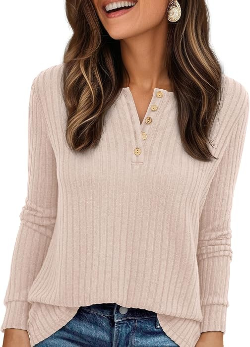 PRETTYGARDEN Women's Long Sleeve Henley Shirts 2026 Spring Casual Ribbed Tunic Tops Lightweight S... | Amazon (US)
