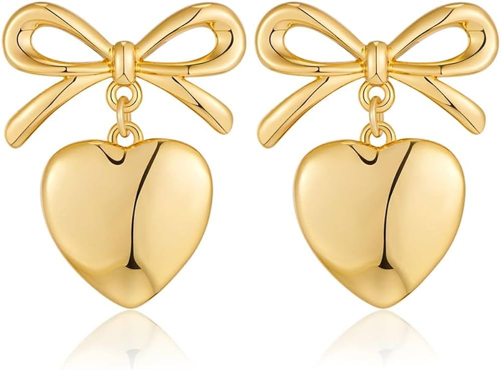 Gold Heart Dangle Earrings For Women Ribbon Bow Dangle Earrings | Amazon (US)
