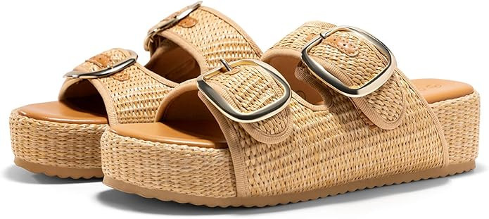 Coutgo Womens Platform Sandals Raffia Espadrilles Two Band Open Toe Slip On Slides Beach Vacation... | Amazon (US)