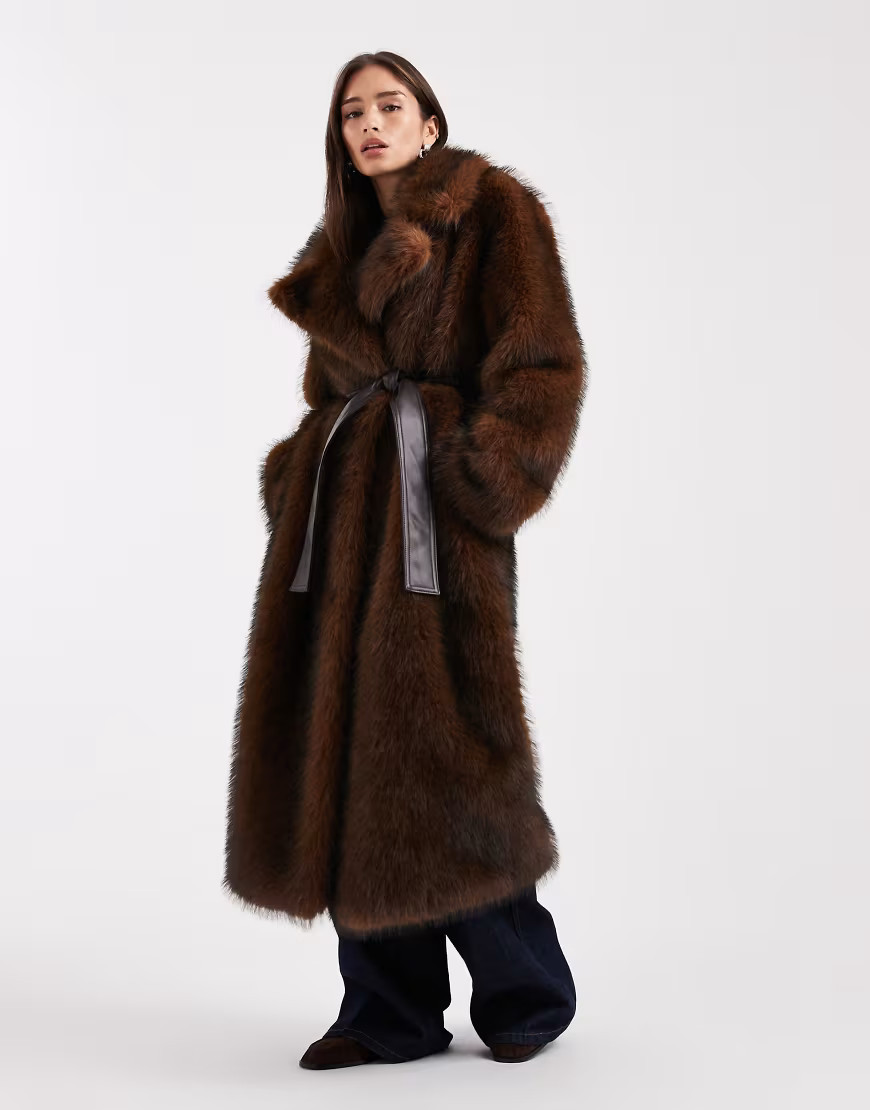 ASOS DESIGN longline faux fur belted jacket in chocolate-Brown | ASOS (Global)