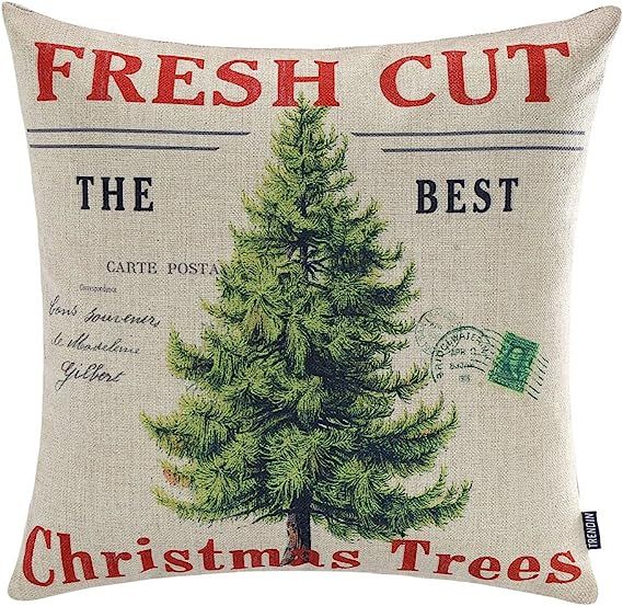 TRENDIN Merry Christmas Throw Pillow Cover Gifts Christmas Tree Xmas Home Decor Design Cotton Lin... | Amazon (US)