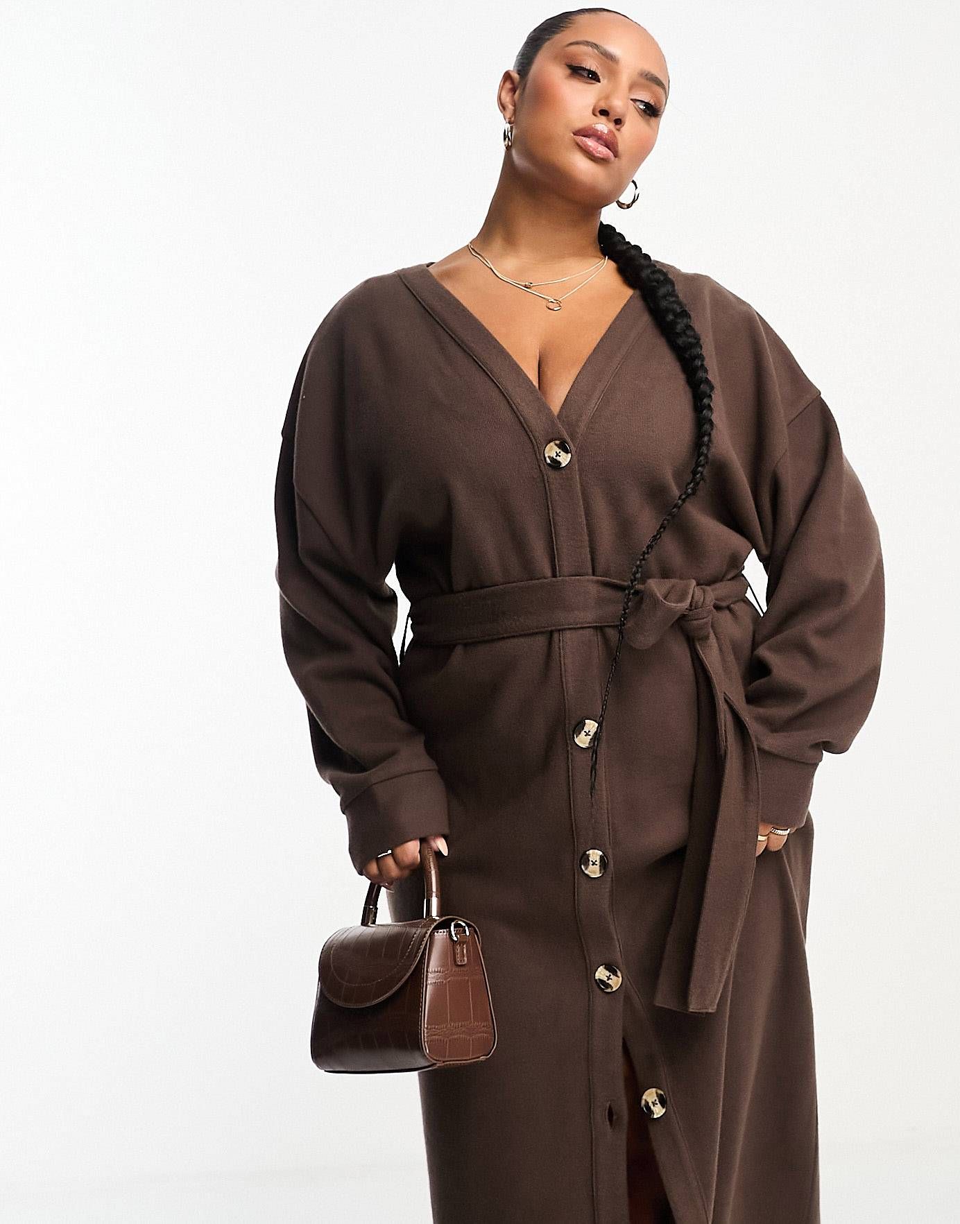 ASOS DESIGN Curve supersoft button through maxi cardigan belted dress in chocolate - BROWN | ASOS (Global)