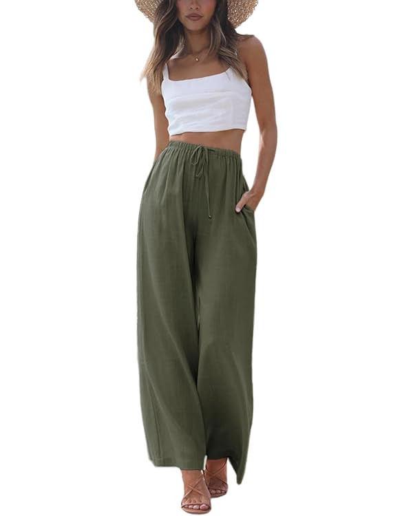 Faleave Women's Cotton Linen Summer Palazzo Pants Flowy Wide Leg Beach Trousers with Pockets | Amazon (US)