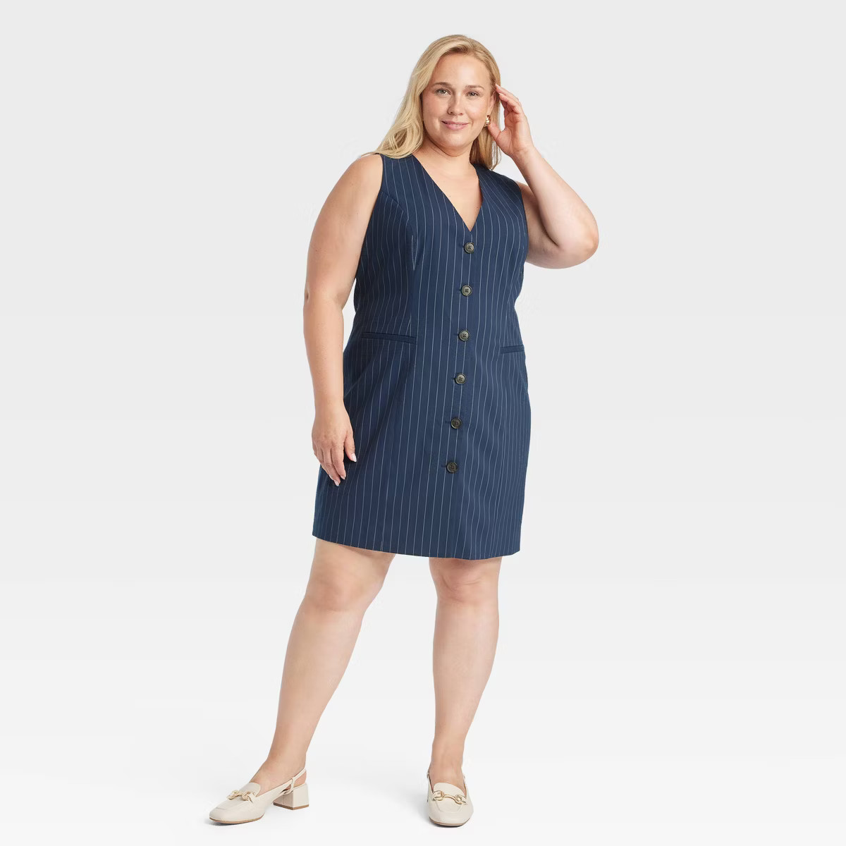 Women's Tailored Mini Vest Dress - A New Day™ Navy Pinstripe 1X | Target