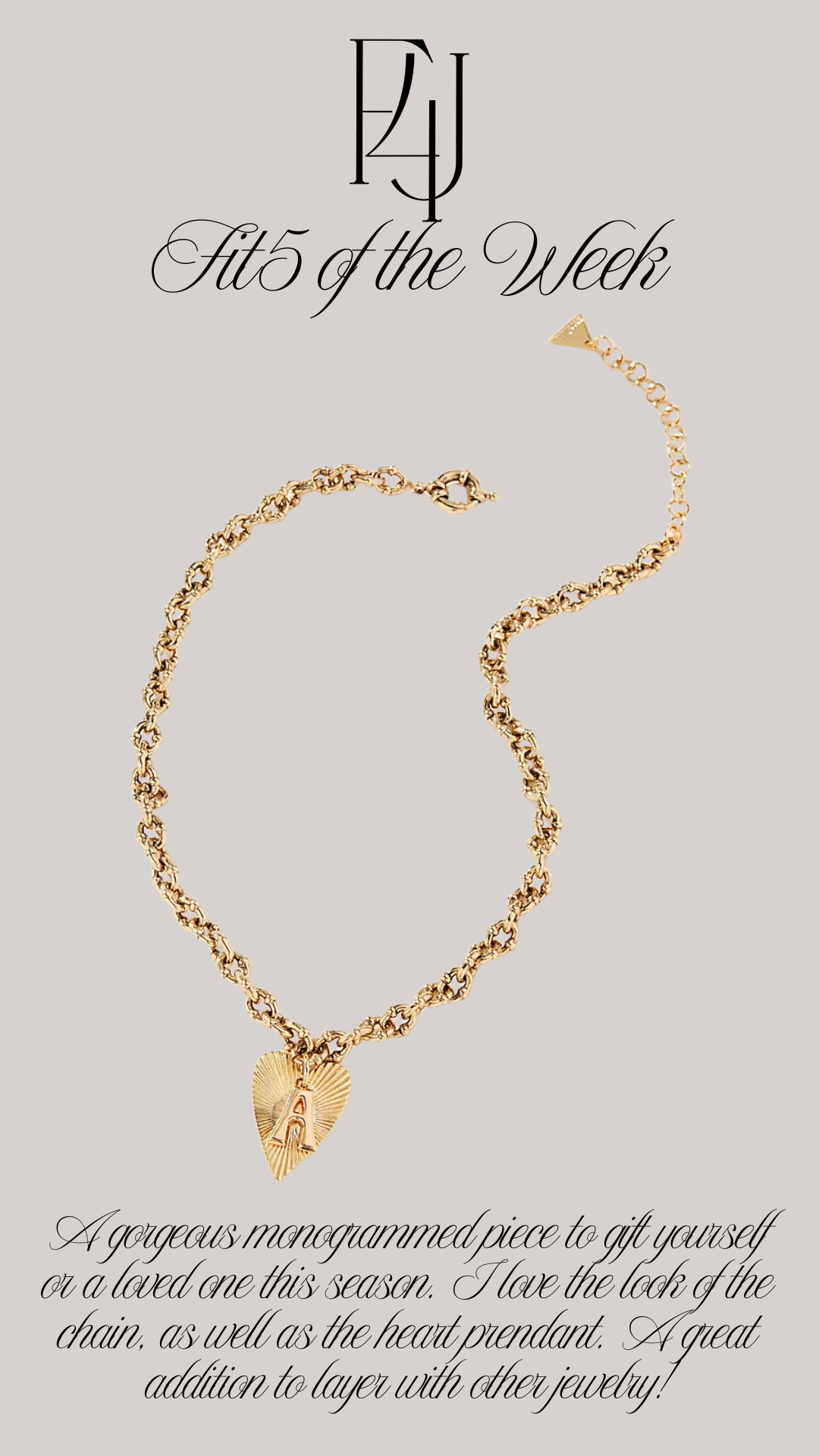 A gorgeous monogrammed piece to gift yourself or a loved one this season. I love the look of the chain, as well as the heart pendant. A great addition to layer with other pieces!

Fit4Janine, Anthropologie, Jewelry 

 #LTKFindsUnder100 #LTKStyleTip