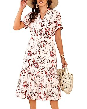 ECOWISH Women Summer Casual Dress - V Neck Short Sleeve Gingham Midi Pleated Tiered Loose Fit Hol... | Amazon (US)