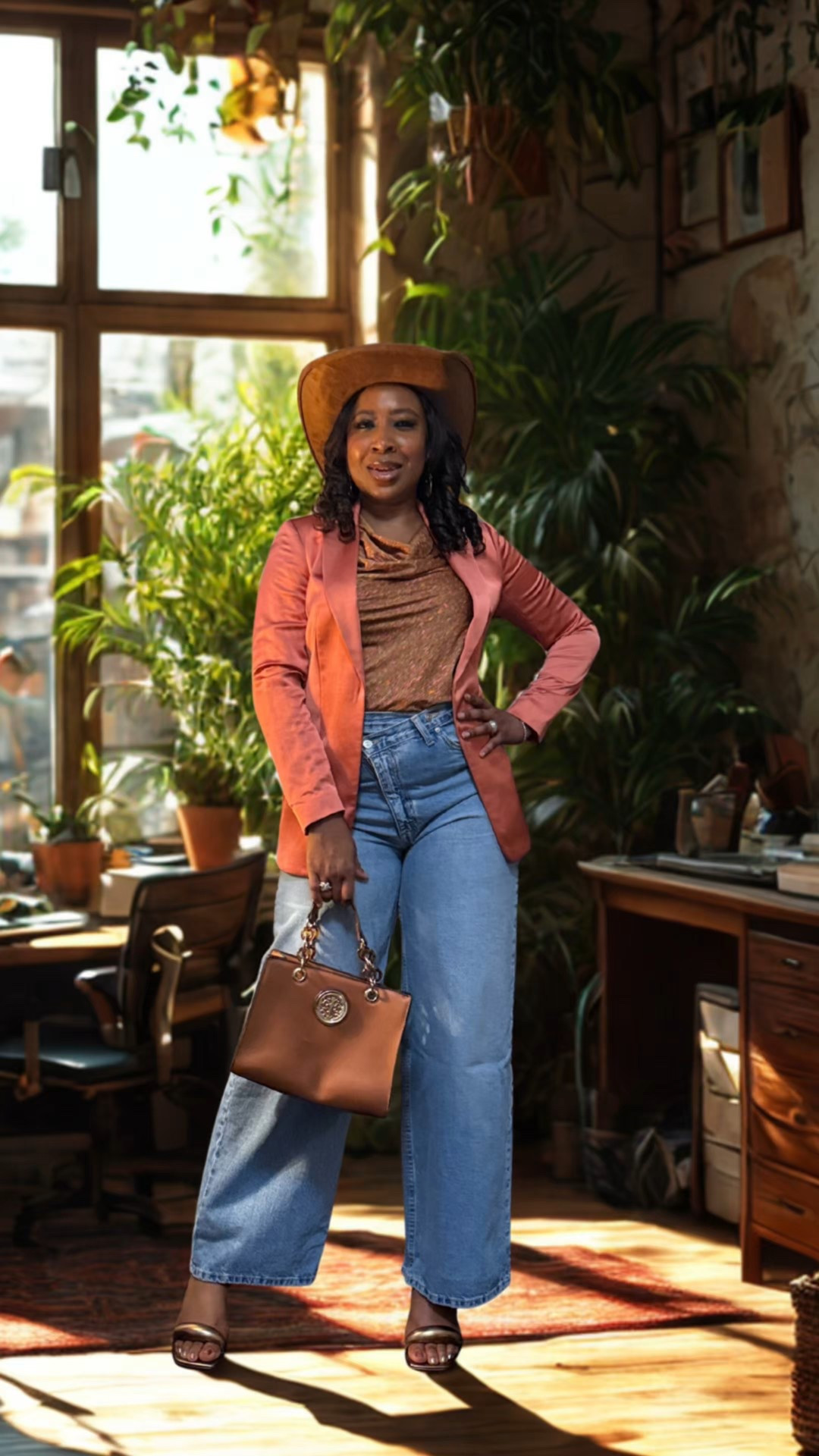 Elevated Work Look | Wide-Leg Denim + Fall Blazer

Workday style meets fall flair 🍂✨ I built this Fashion Formula: Elevated Work Look with pieces already in my closet—wide-leg denim, a rich rust cowl-neck top, and a tailored coral blazer. A structured cognac tote and bronze strappy heels keep it professional but fun. The cognac cowgirl hat adds an unexpected seasonal twist. Linked similar finds so you can recreate the vibe with ease. 👜👖👢

Style Notes:
	•	Blazer: Burnt orange / rust tones are perfect for fall office outfits—linked lookalikes.
	•	Top: Cowl-neck or drapey knit tops layer beautifully under blazers and cardigans.
	•	Jeans: Wide-leg denim keeps the look relaxed yet elevated.
	•	Accessories: Structured brown tote &amp; strappy sandals polish everything off. Optional: fall hat for weekend-ready personality.

#ElevatedWorkLook #FallWorkStyle #ShopYourCloset #WideLegDenim #FallBlazer 

#LTKFindsUnder50 #LTKStyleTip #LTKOver40
