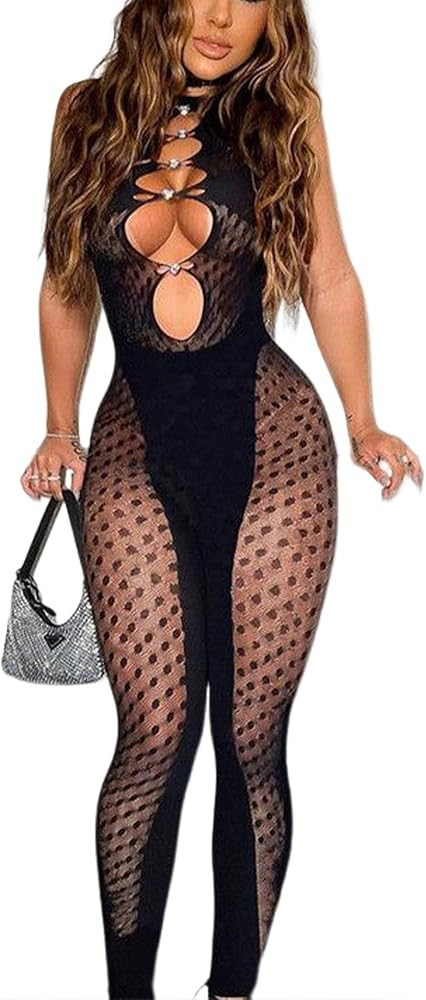 GPINE Round Neck Women Seamless Sleeveless Jumpsuit Mesh Shorts Glitter Rhinestone Super Stretch ... | Amazon (US)
