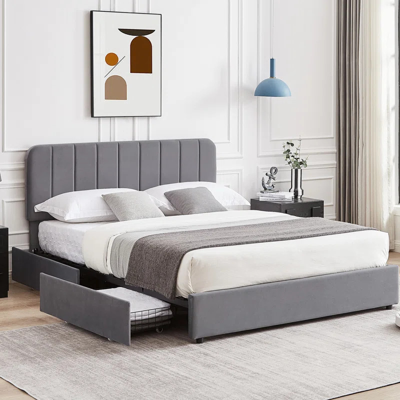 Huntsville Bed Frame with 4 Storage Drawers Velvet Upholstered Platform Bed Adjustable Headboard | Wayfair North America