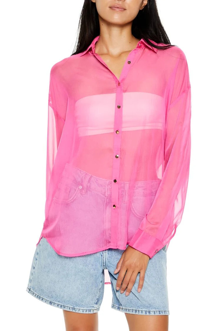 Women's Sheer Button-Up Shirt in Pink Small | Forever 21
