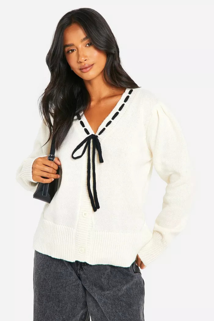 Petite Contrast Ribbon Knitted Cardigan | Boohoo.com (UK & IE)