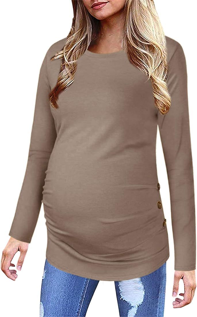 Maternity Shirt Side Button and Ruched Tunic Tops Maternity Long Sleeve T-Shirts | Amazon (US)