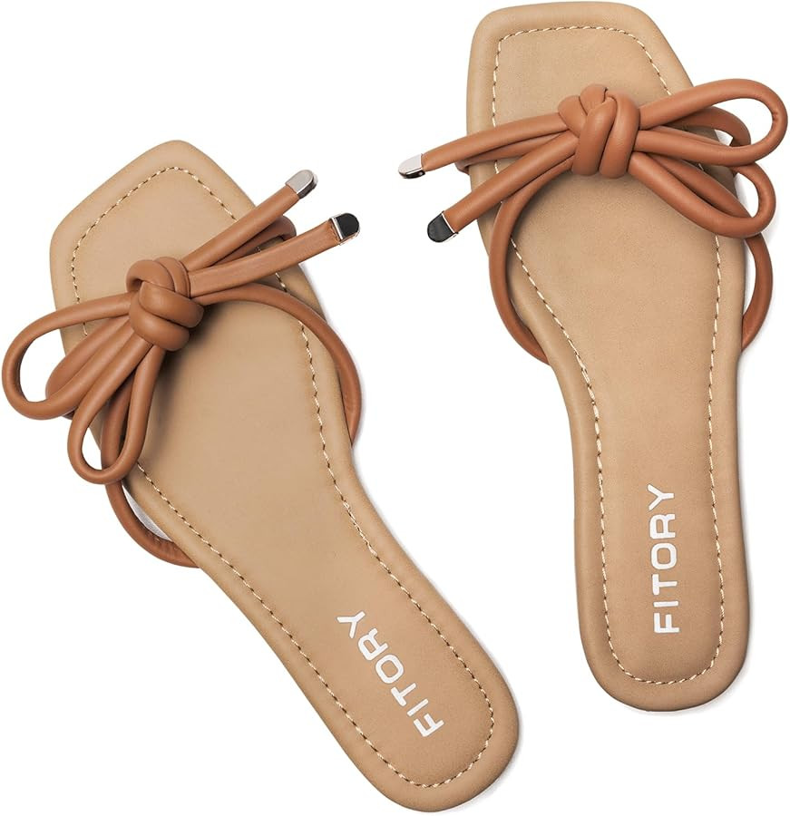 FITORY Women's Flat Sandals Square Open Toe Thong with Cute Knot for Summer Size 6-11 | Amazon (US)