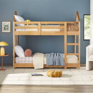 Contemporary Natural Pine Solid Wood Twin Bunk Bed with Ladder and Whiteboard | The Home Depot