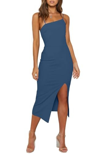OWIN Women's Adjustable Spaghetti Straps Sleeveless High Waist Split Midi Bodycon Cocktail Party Dress Grey Blue | Amazon (US)