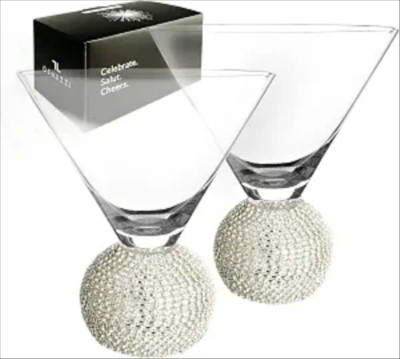GEMEZZI Stemless Martini Glasses Set of 2, Silver Stemless Modern Cocktail Glass, Crystal Ball Ba...