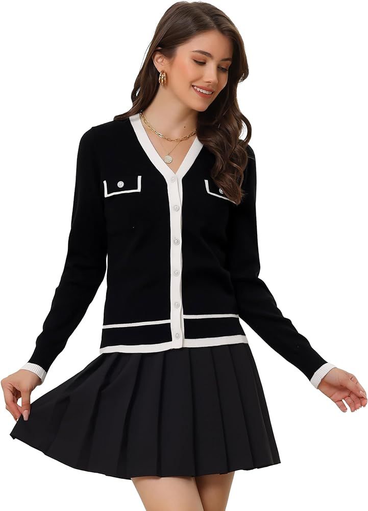 Allegra K Women's Button Knit Cardigan Contrast Color 2023 Fashion V Neck Long Sleeve Cardigan Sw... | Amazon (US)