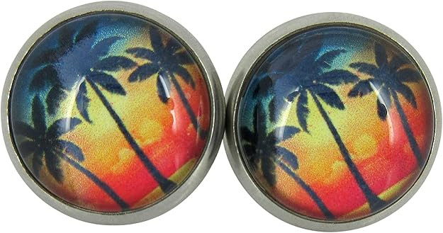 Stainless Steel Tropical Sunset Palm Tree Print Glass Stud Earrings 12mm | Amazon (US)
