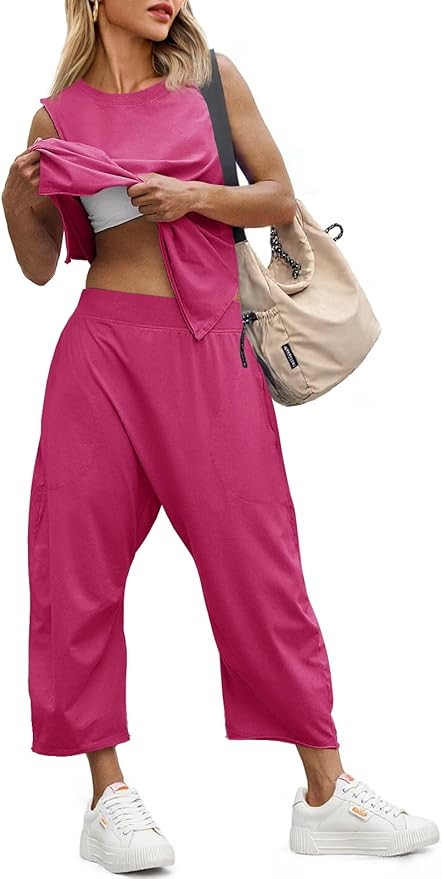 Fisoew Women's Summer 2 Piece Outfits Sleeveless Tank Tops Wide Leg Pocketed Pants Workout Sweat ... | Amazon (US)