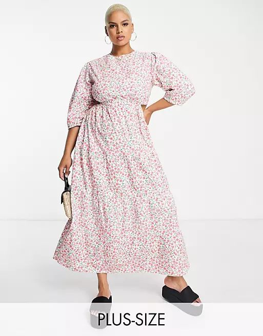 Neon Rose Plus tie back tiered maxi smock dress in pink ditsy floral | ASOS (Global)