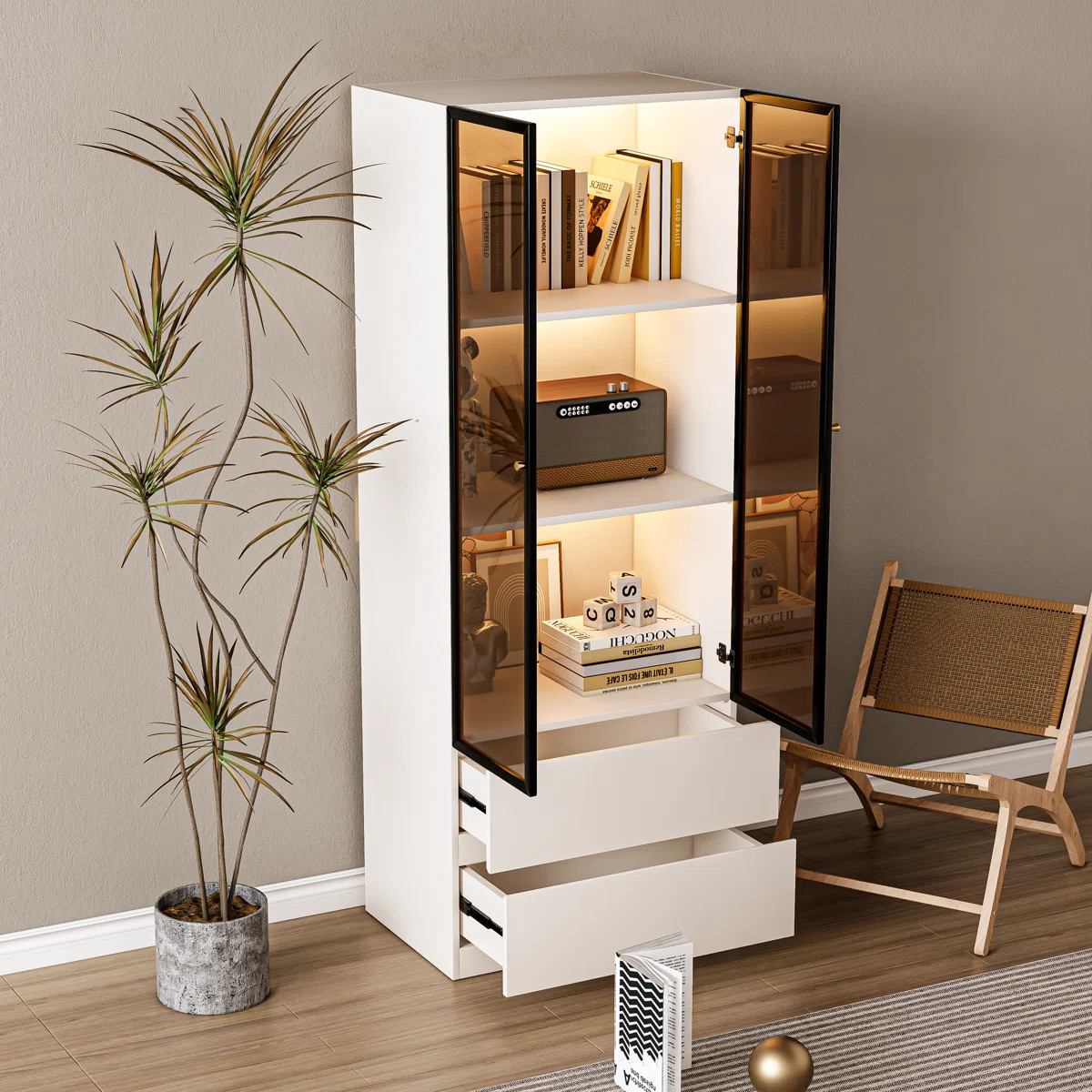 Denby 23.6'' China Cabinet Lighted Dining Cabinet Display Cabinet With Glass Doors and Drawers an... | Wayfair North America