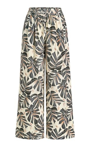 PRETTYGARDEN Womens Pants Elastic Waist Floral Lightweight Palazzo Pants for Women Casual Lounge Wide Leg Pants Woman (Grey Leaves, Large) | Amazon (US)