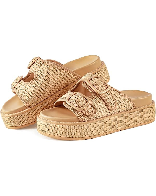 KaroNairy Platform Sandals for Women Raffia Espadrille Wedges Summer Beach Sandals Woven Straw Cr... | Amazon (US)