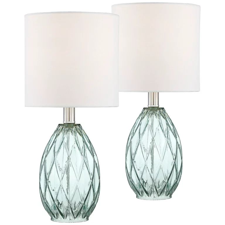 360 Lighting Modern Accent Table Lamps 14 3/4" High Set of 2 Diamond Blue Green Glass Fabric Drum... | Walmart (US)