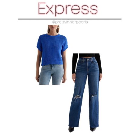 Short sleeve knit sweater, high waisted dark wide leg jeans. They come in long, short, and regular. Jeans are on sale  
Express clothing finds. 
#ltkpetite

#LTKfindsunder100 #LTKfindsunder50 #LTKsalealert