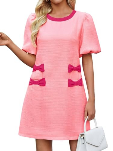 Wenrine Womens Summer Mini Dress Casual Tweed Short Sleeve Bow Work Business Dresses with Pockets Pink | Amazon (US)