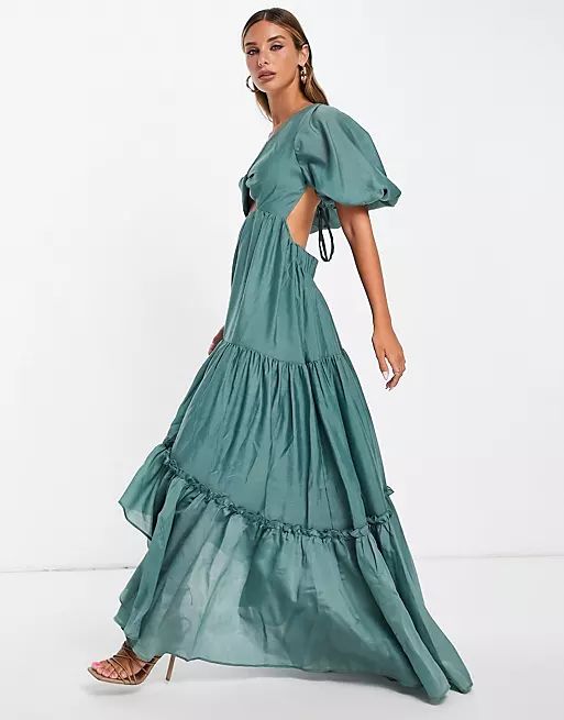 ASOS DESIGN puff sleeve tiered voile maxi dress with lace up back in sage | ASOS (Global)
