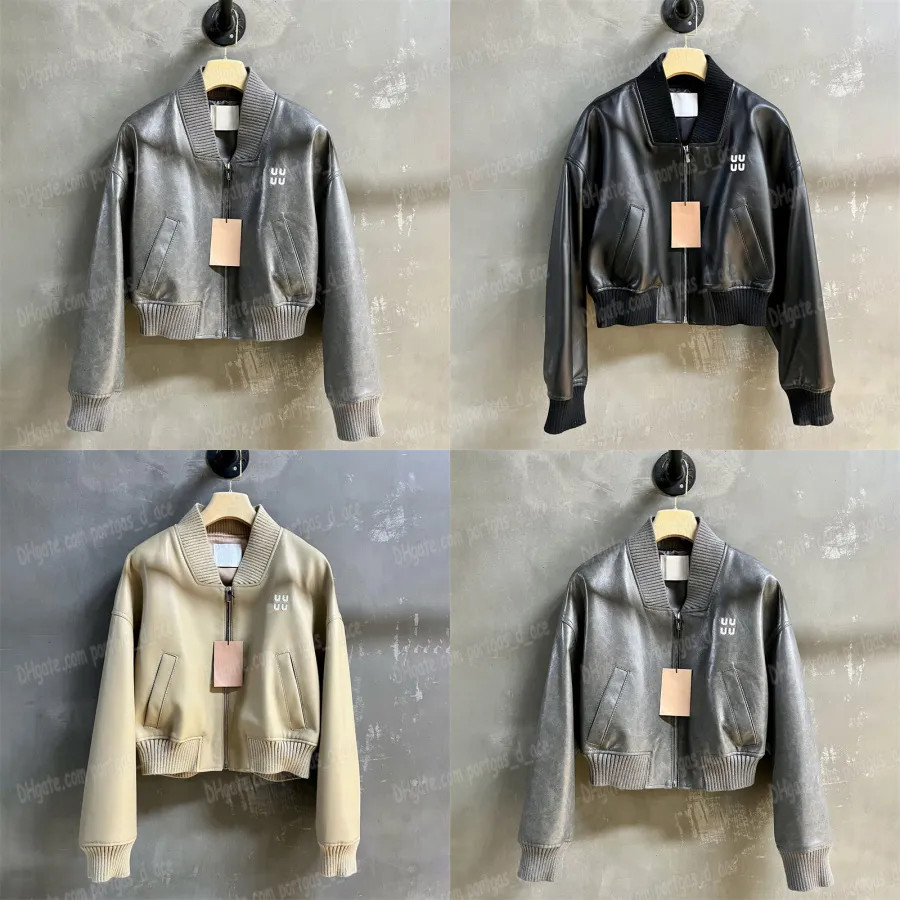 Designer Glossy Leather Jacket Women Cropped Baseball Jackets Luxury Letters Outerwear With Knitt... | DHGate
