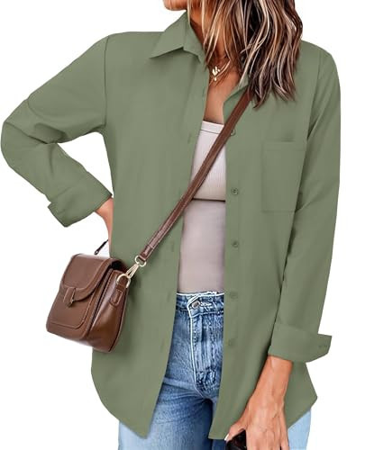 Gleeivy Womens Green Button Down Shirt Button Down Shirts for Women Oversized Long Sleeve Shirts Loose Fit Casual Blouse Work Office Business Tops Tunic with Pockets Navy Green Small | Amazon (US)